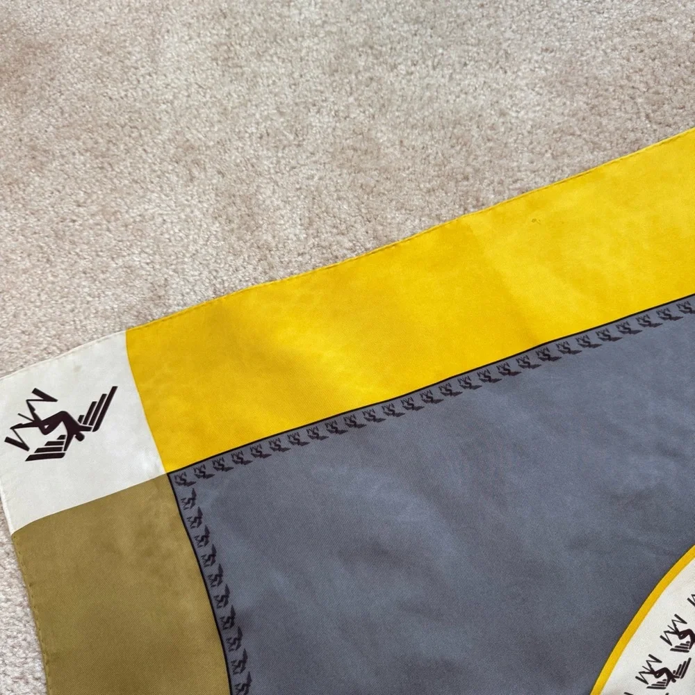 RARE Maison Mollerus Silk Scarf Square Logo Print Hand Rolled Brown Yellow